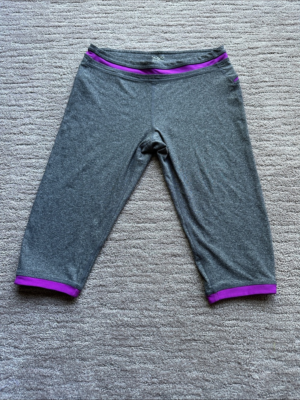 VOGO Athletica Gray Capri Leggings with Purple Trim